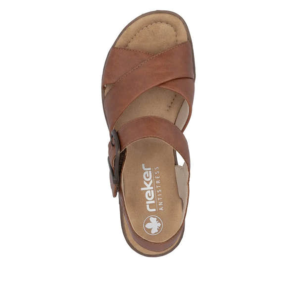 Rieker 63795-22 women's cognac buckle leather sandals with crisscross straps and cushioned footbed.