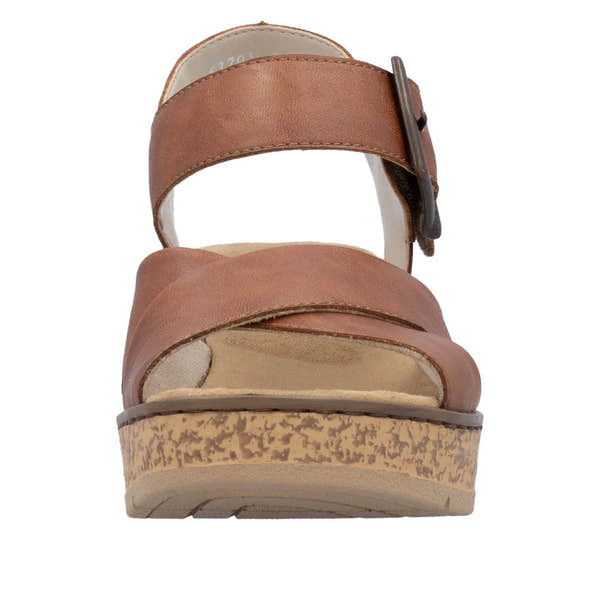 Rieker 63795-22 women's cognac buckle sandals with platform sole and adjustable ankle strap.