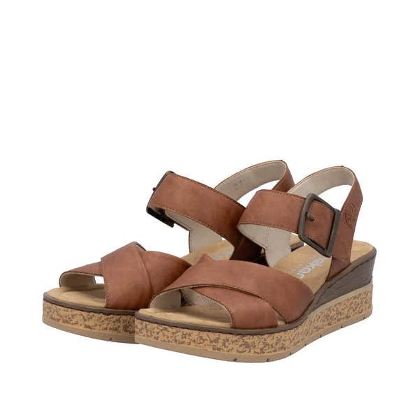 Rieker 63795-22 women's cognac leather buckle sandals with wedge heel and textured sole.