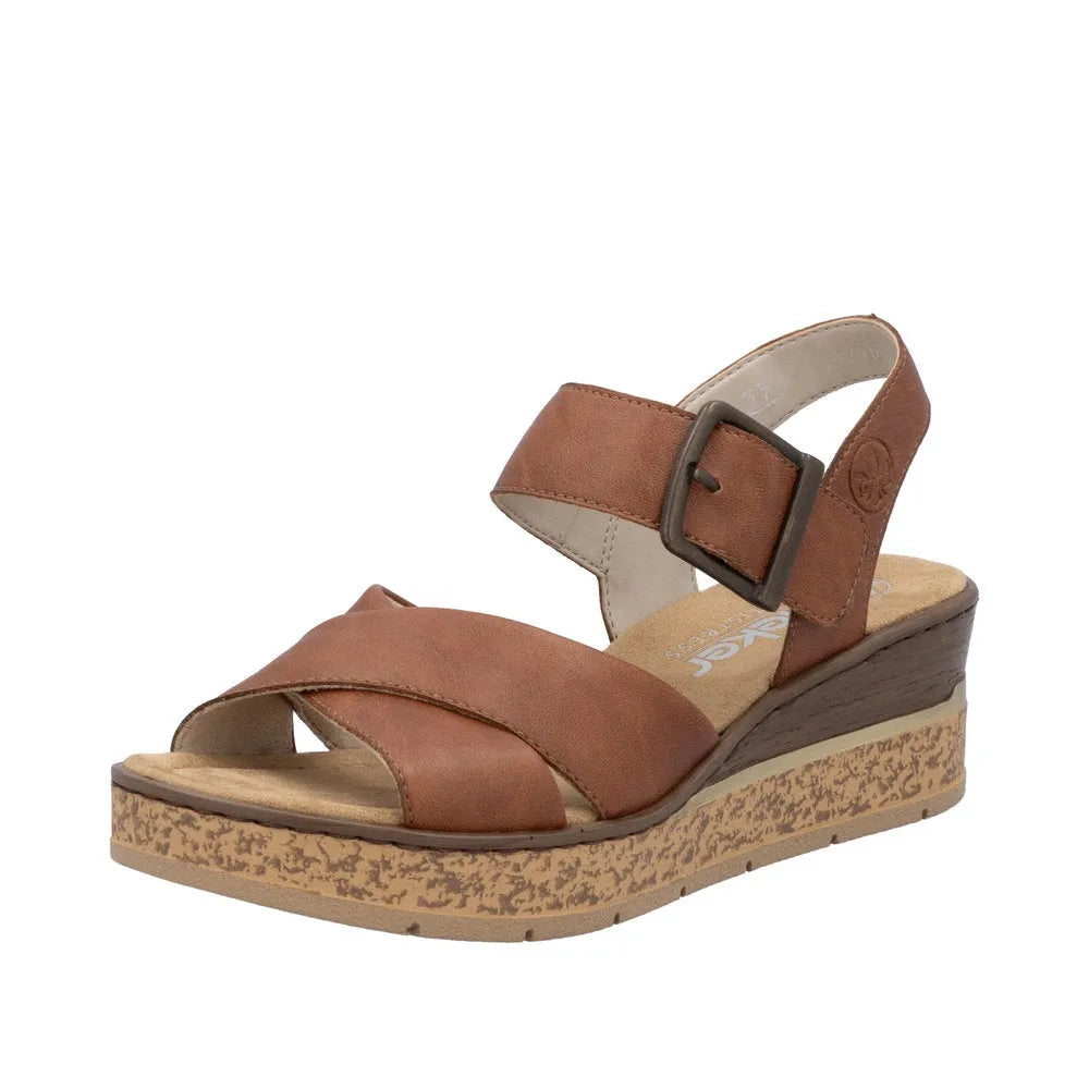 Rieker 63795-22 women's cognac leather wedge sandals with ankle strap and buckle, cushioned footbed, and textured platform sole.