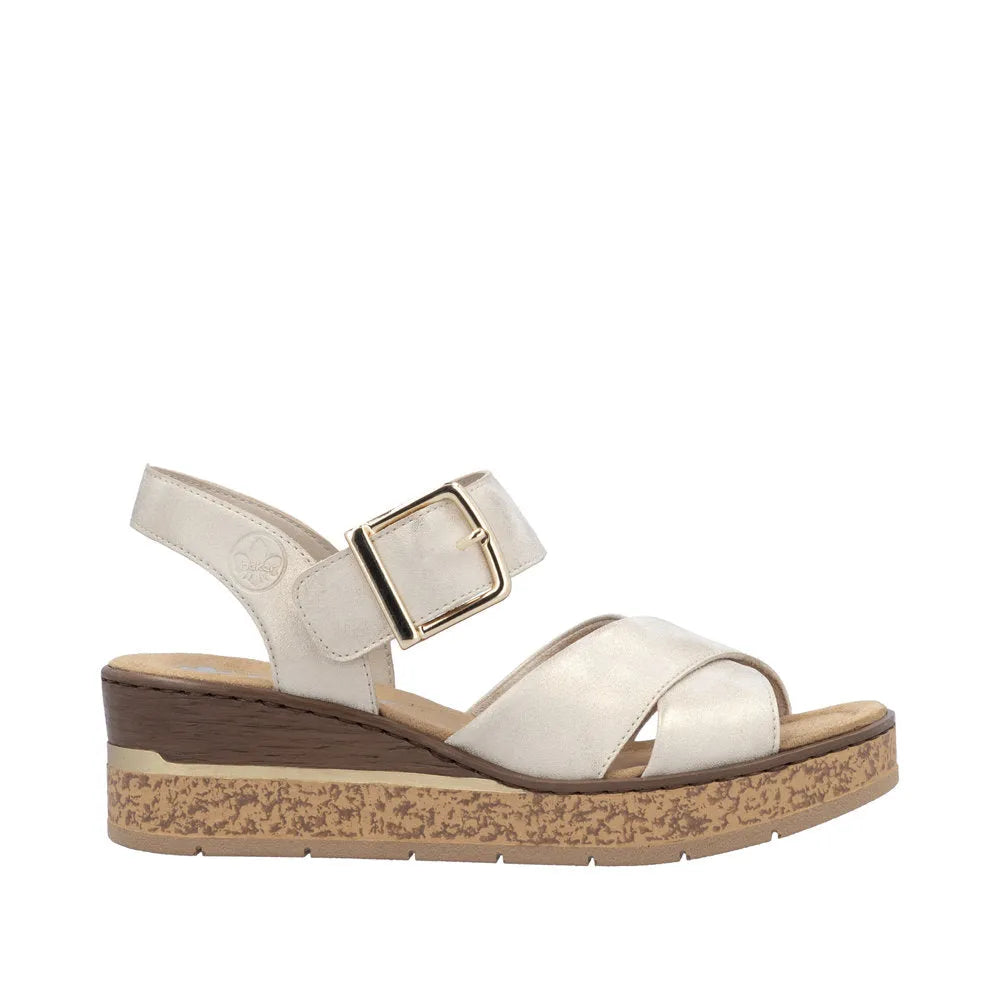 Rieker 63795-60 women's beige muschel buckle wedge sandals with comfort footbed and textured sole.