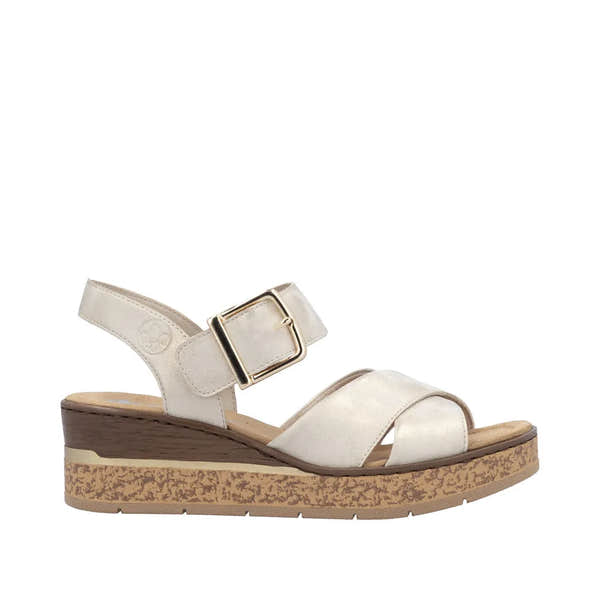 Rieker 63795-60 women's beige muschel buckle wedge sandals with comfort footbed and textured sole.