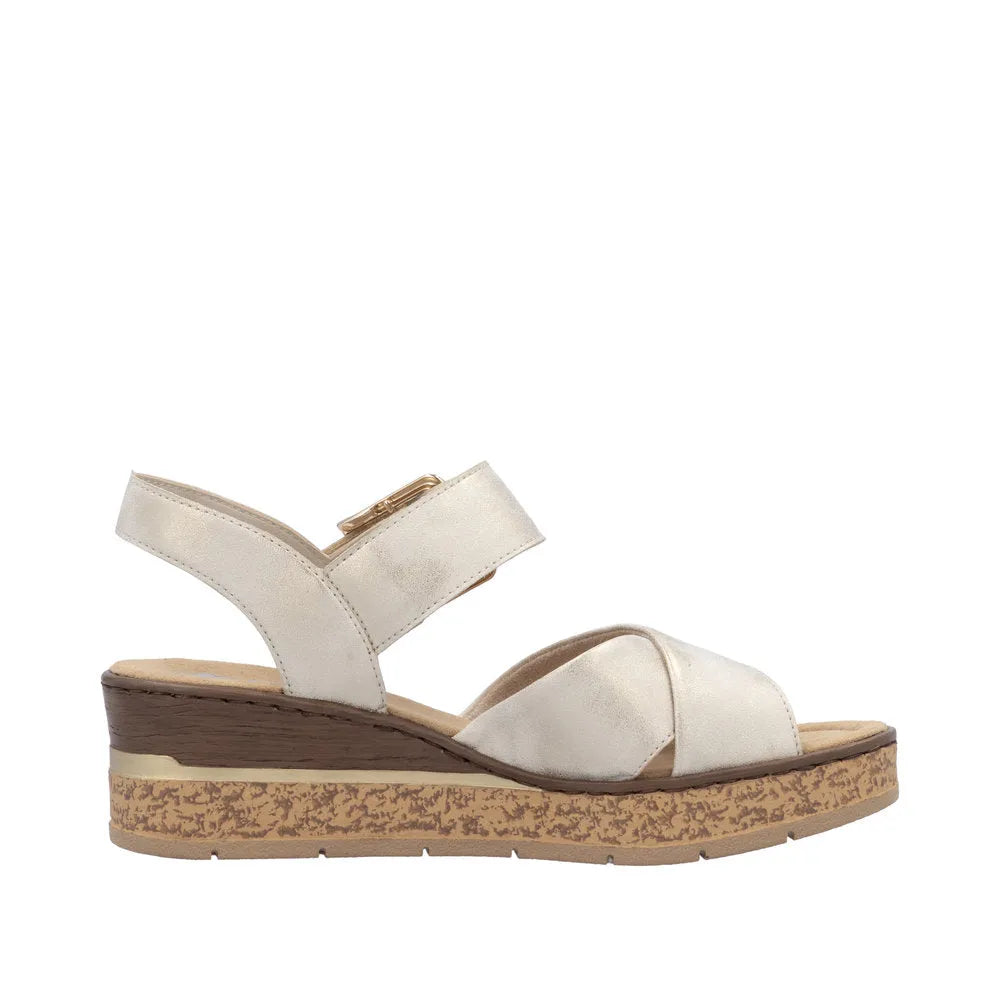 Rieker 63795-60 women's muschel buckle espadrille sandals with ankle strap, beige satin finish, cork wedge heel, lightweight summer footwear.