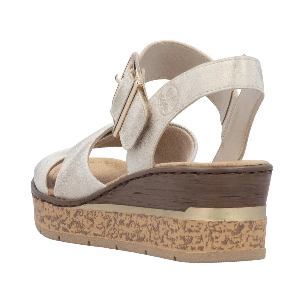 Rieker 63795-60 women's beige muschel buckle wedge sandals with faux leather straps and platform sole.