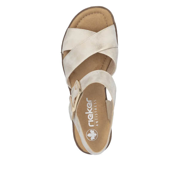 Rieker 63795-60 women's beige sandals with crisscross straps, gold buckle, cushioned footbed, and anti-stress sole.