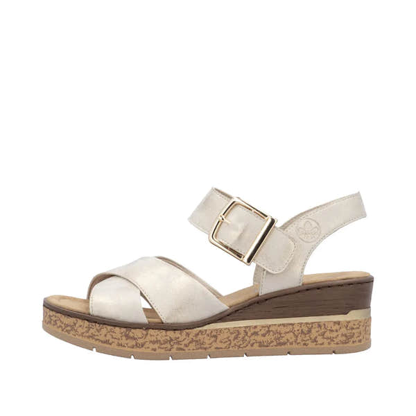 Rieker 63795-60 women's beige muschel buckle sandals with woven wedge sole, open toe, and adjustable ankle strap.