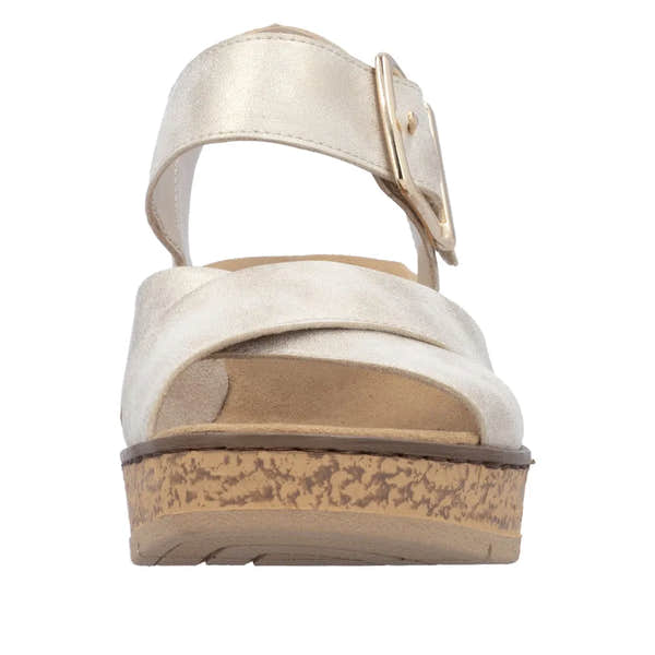 Rieker 63795-60 women's metallic beige muschel buckle platform sandals with wedge heel.