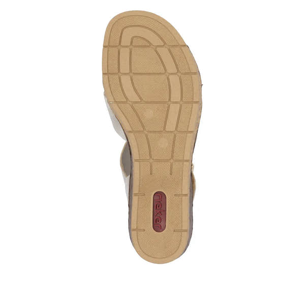 Rieker 63795-60 women's muschel buckle sandals with beige sole and textured grip pattern, stylish open-toe design, and adjustable strap.
