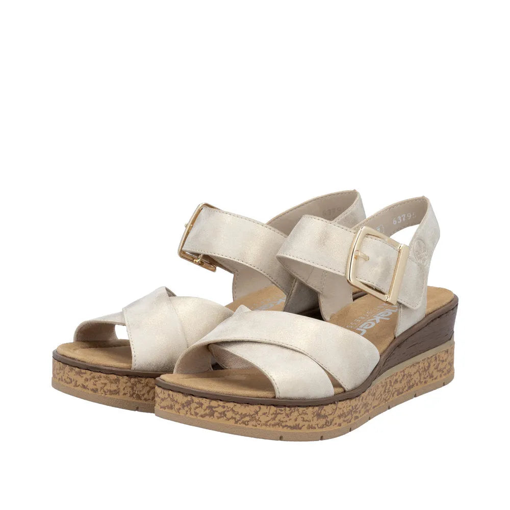 Rieker 63795-60 women's beige muschel buckle sandals with adjustable straps and cork-foamed wedge heel.
