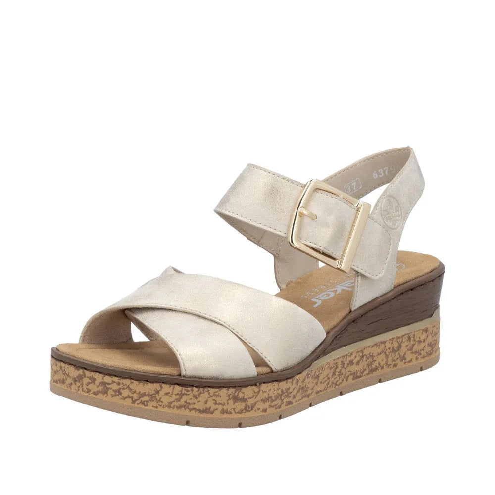 Rieker 63795-60 women's wedge sandals with muschel buckle, cream straps, and cork platform sole.
