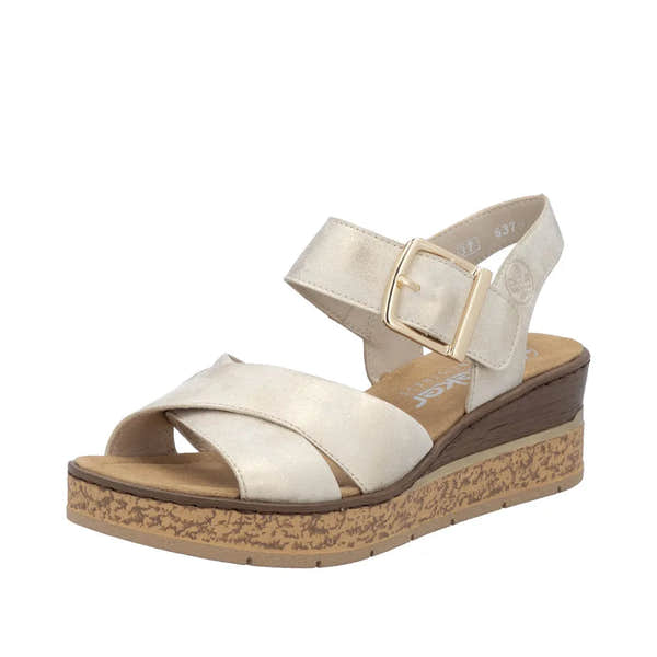 Rieker 63795-60 women's wedge sandals with muschel buckle, cream straps, and cork platform sole.