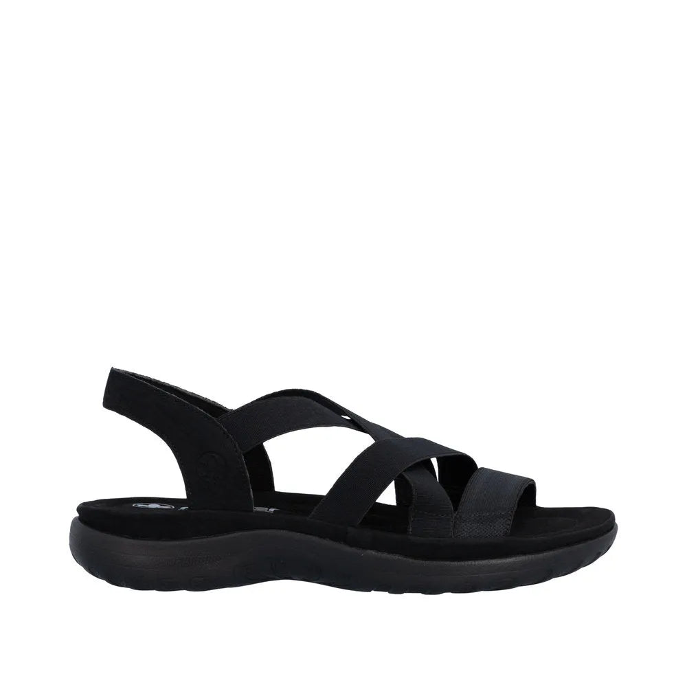 Rieker 64857-00 Women's Black Elasticated Sandals, sporty open-toe design with adjustable straps and cushioned sole.