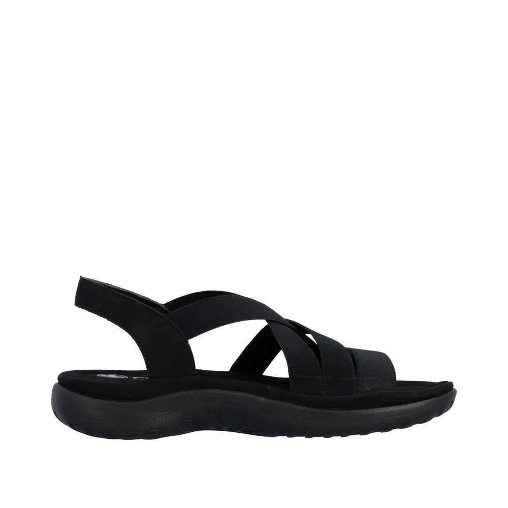 Rieker 64857-00 women's black elasticated slip-on sandals with cushioned sole and open toe design.