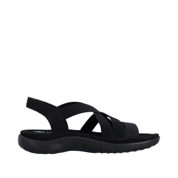 Rieker 64857-00 women's black elasticated slip-on sandals with cushioned sole and open toe design.