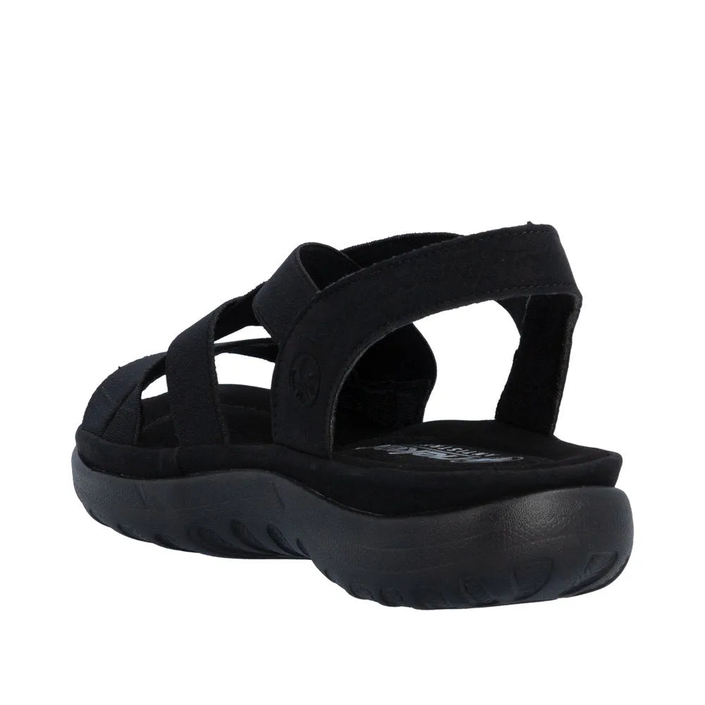 Rieker 64857-00 women's black elasticated sandals with cushioned sole and open toe design.