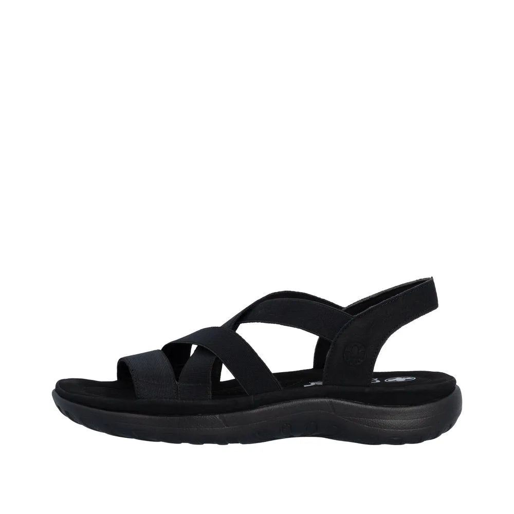 Rieker 64857-00 women's black elasticated sandals with cushioned sole and adjustable heel strap.