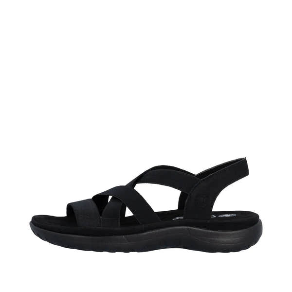 Rieker 64857-00 women's black elasticated sandals with cushioned sole and adjustable heel strap.