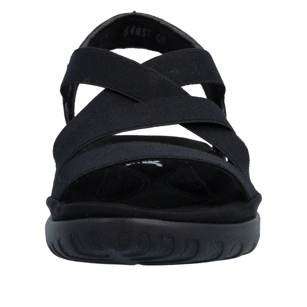 Rieker 64857-00 women's black elasticated sandals with adjustable straps and slip-on design, cushioned sole for comfort.