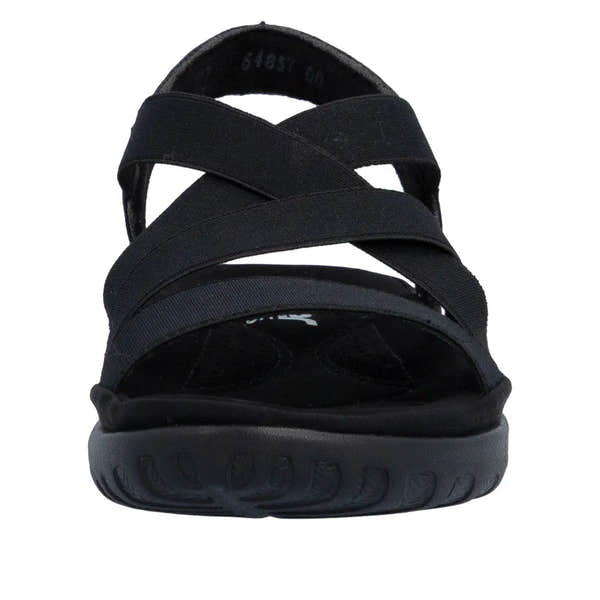 Rieker 64857-00 women's black elasticated sandals with adjustable straps and slip-on design, cushioned sole for comfort.