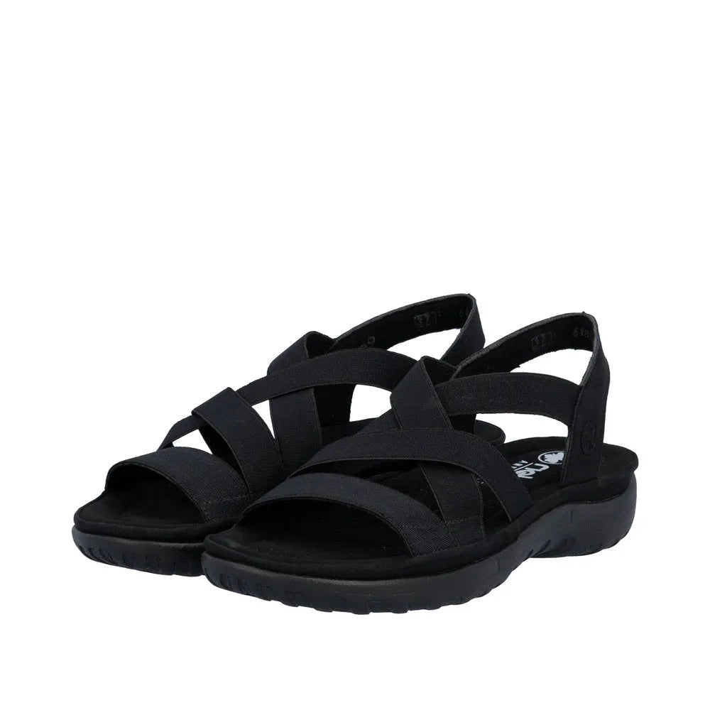 Rieker 64857-00 women's black elasticated comfort sandals with adjustable straps and chunky sole.