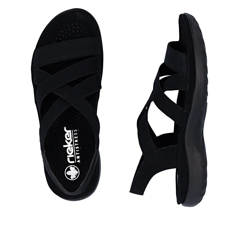 Rieker 64857-00 black elasticated ladies sandals, open toe, slip-on design, cushioned footbed, sporty casual footwear.