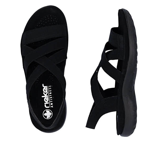 Rieker 64857-00 black elasticated ladies sandals, open toe, slip-on design, cushioned footbed, sporty casual footwear.