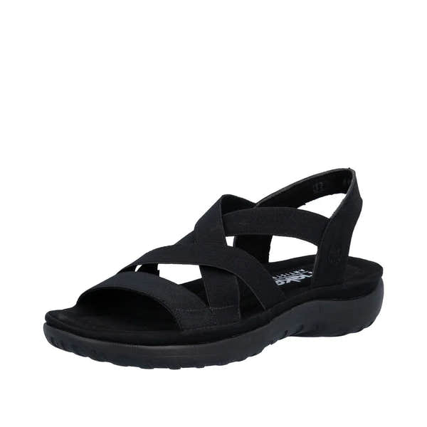 Rieker 64857-00 women's black elasticated sporty sandals with cushioned sole and ankle strap.