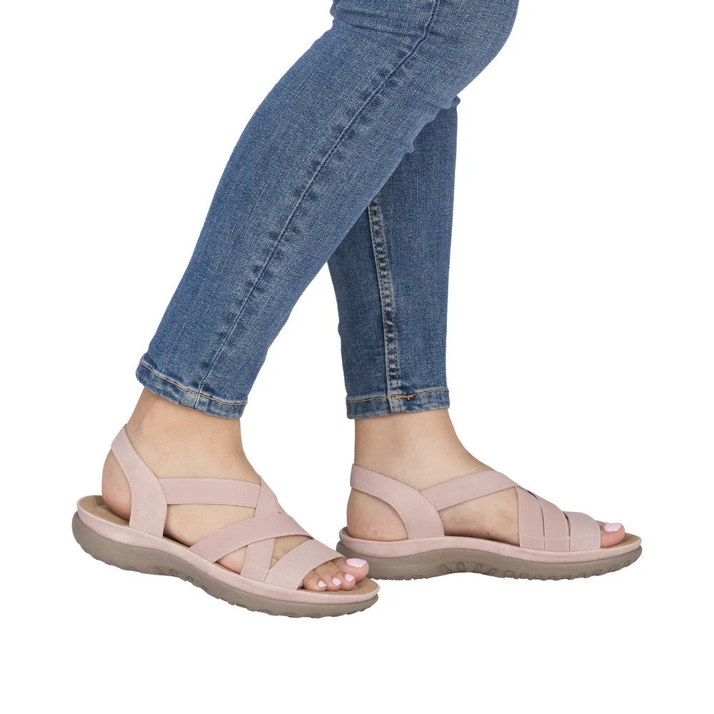 Rieker 64857-31 women's light rose elasticated sandals, open-toe, comfortable slip-on design with cushioned sole.