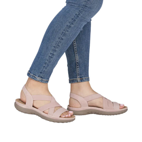 Rieker 64857-31 women's light rose elasticated sandals, open-toe, comfortable slip-on design with cushioned sole.