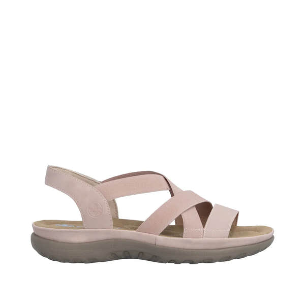 Rieker 64857-31 women's light pink elasticated slip-on sandals with cushioned sole and adjustable ankle strap.
