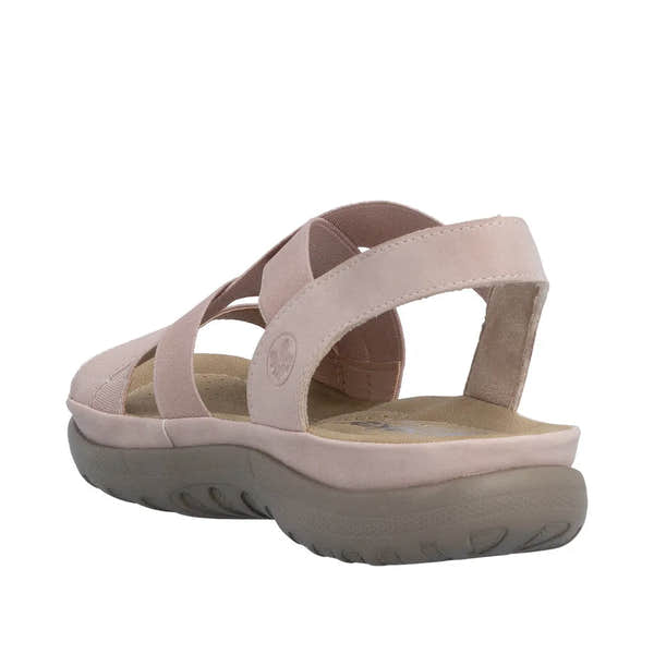 Rieker 64857-31 women's light pink elasticated sandals with cushioned footbed and sturdy gray sole.