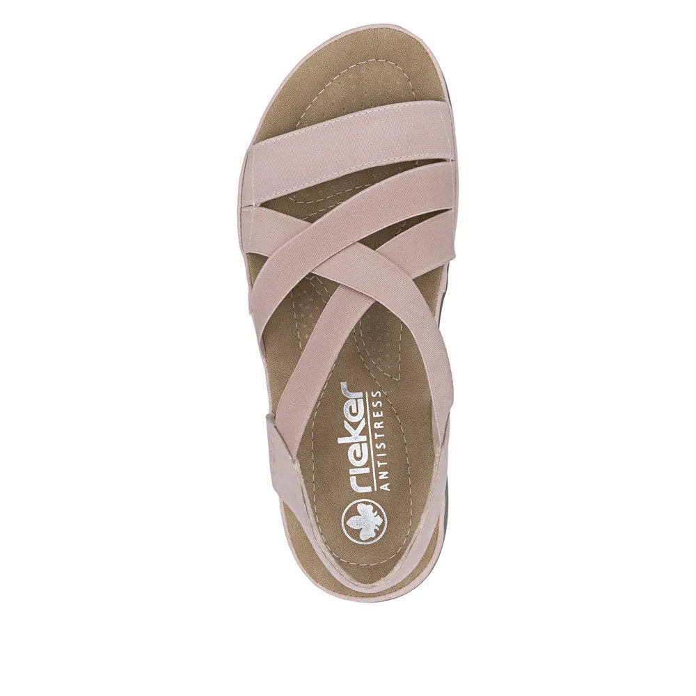 Rieker 64857-31 women's light pink elasticated strap casual sandals with cushioned insole and open toe design.