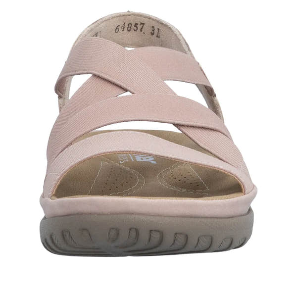 Rieker 64857-31 Ladies Light Rose Elasticated Sandals with cushioned sole and adjustable straps.