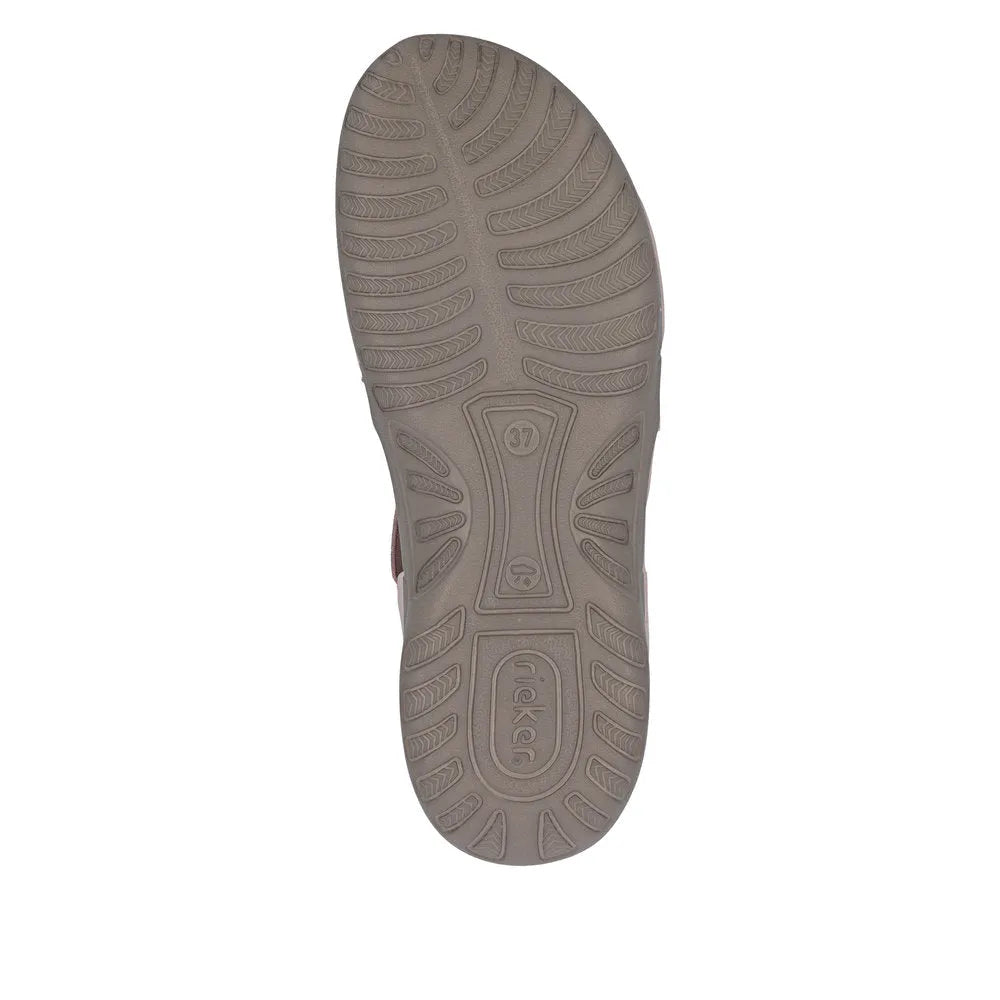 Rieker 64857-31 ladies light rose elasticated slip-on sandals, cushioned sole with textured tread, size 37, outdoor-ready footwear.