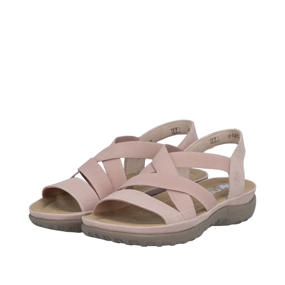 Rieker 64857-31 women's light pink elasticated sandals with cushioned sole and open toe design.