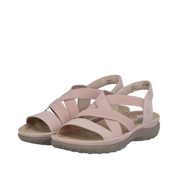 Rieker 64857-31 women's light pink elasticated sandals with cushioned sole and open toe design.