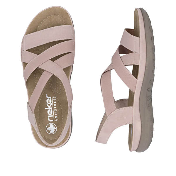 Rieker 64857-31 women's light rose elasticated sandals with crisscross straps and cushioned sole.