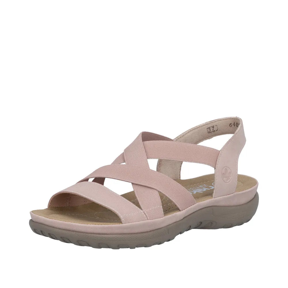 Rieker 64857-31 ladies light rose elasticated supportive sandal with cushioned insole and rugged sole, perfect for casual wear.