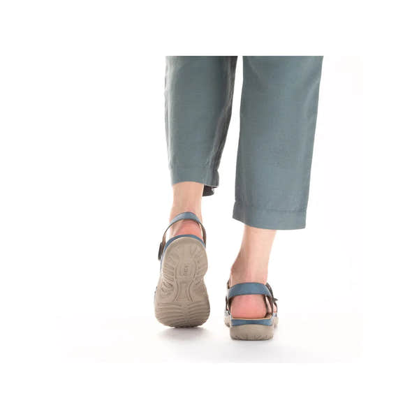 Rieker 64870-14 ladies blue Touch fastening sandals, back view showing beige soles and adjustable straps.