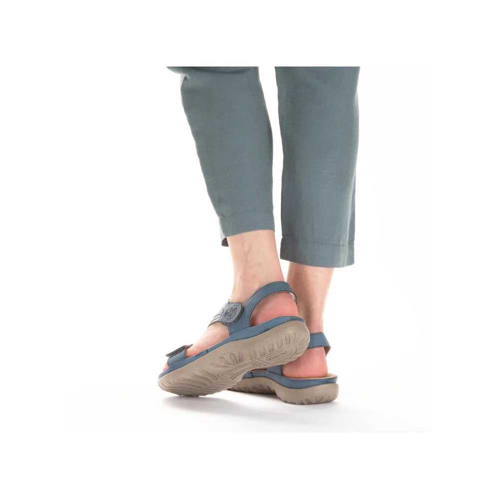 Rieker 64870-14 ladies' blue Touch Fastening sandals, open-toe, bluejeans color, with adjustable straps and cushioned soles.
