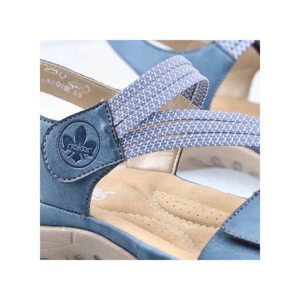 Rieker 64870-14 ladies blue Touch fastening sandals with denim blue straps and cushioned beige footbed.
