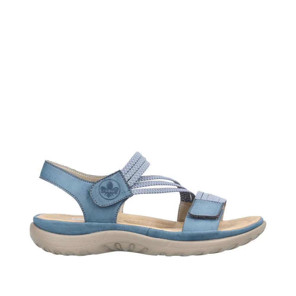 Rieker 64870-14 ladies touch-fastening blue sandals with straps, cushioned sole, and open-toe design.