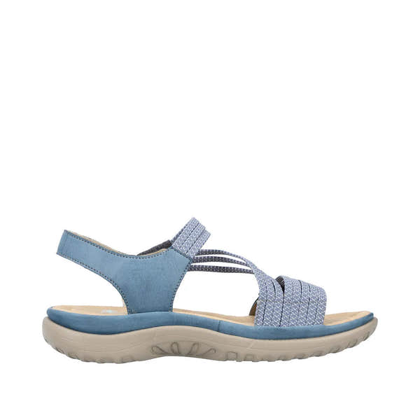 Rieker 64870-14 Ladies BlueTouch fastening sandals, light blue straps, cushioned sole, casual summer footwear.