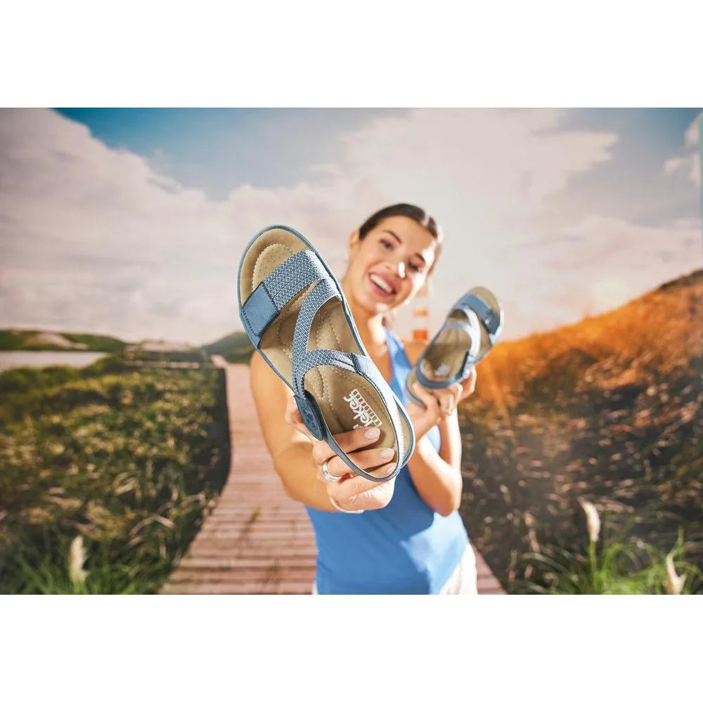 Rieker 64870-14 ladies blue Touch fastening sandals, stylish and comfortable open-toe footwear for women.