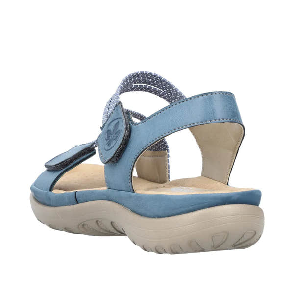 Rieker 64870-14 ladies blue Touch fastening sandals with comfortable beige sole and sporty design.