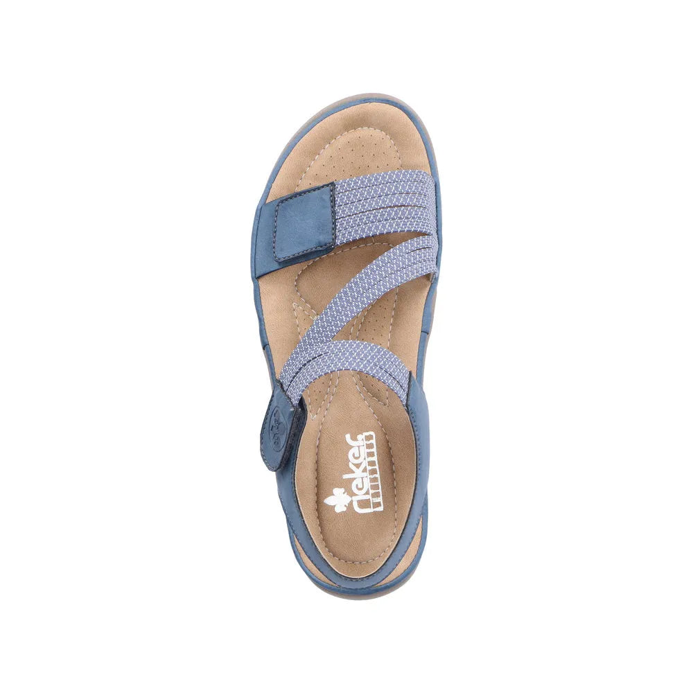 Rieker 64870-14 women's blue Touch fastening sandals with beige footbed and striped straps.
