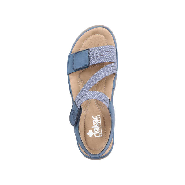Rieker 64870-14 women's blue Touch fastening sandals with beige footbed and striped straps.