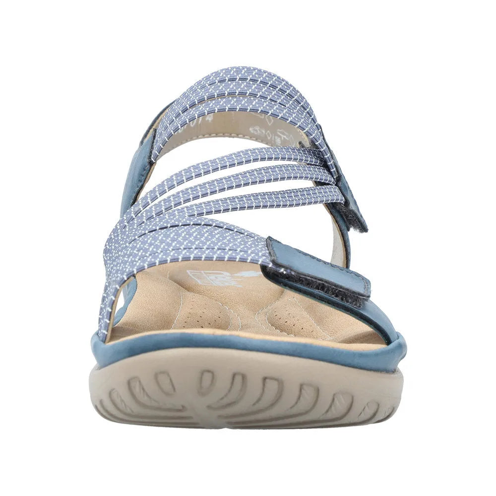 Rieker 64870-14 Ladies BlueTouch fastening sandal with blue/jeans touch straps and comfortable beige insole.
