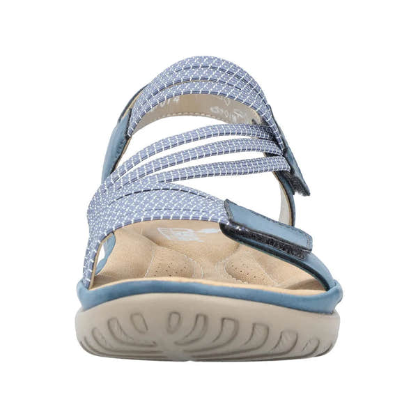 Rieker 64870-14 Ladies BlueTouch fastening sandal with blue/jeans touch straps and comfortable beige insole.