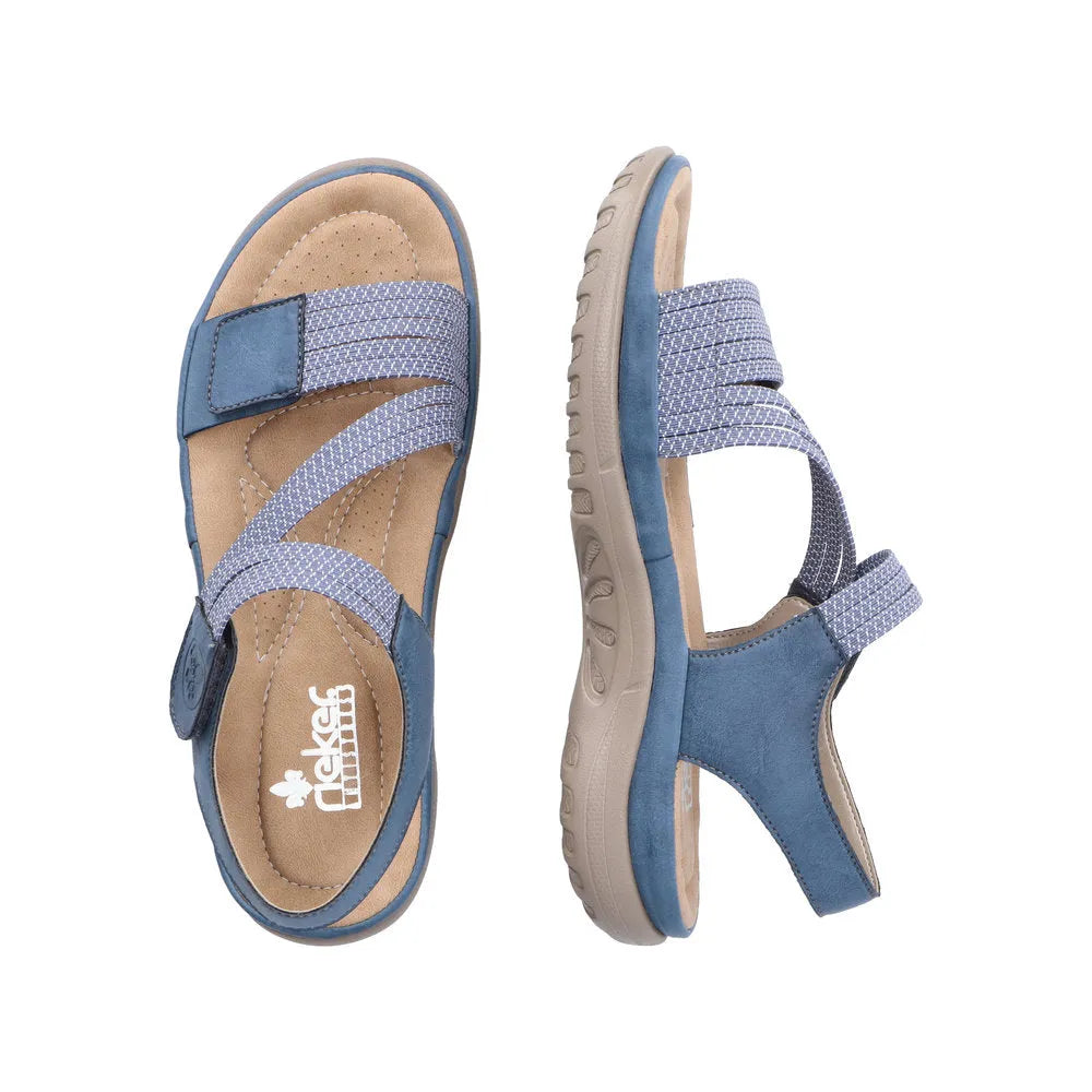 Rieker 64870-14 women's blue Touch fastening sandals with beige footbed and adjustable straps.
